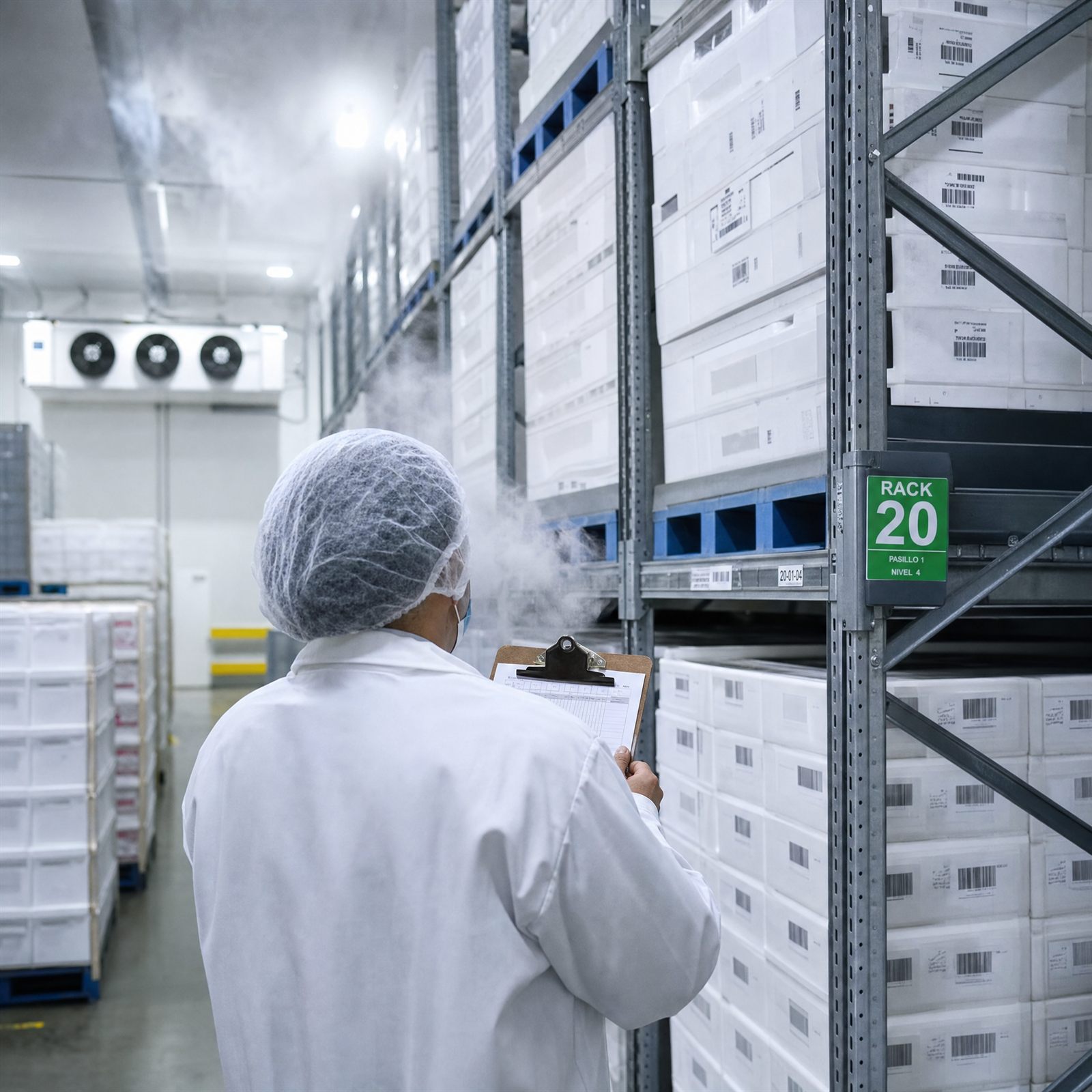 Almacén refrigerado con anaqueles de cajas selladas y operaria con bata y cofia revisando inventario con clipboard.