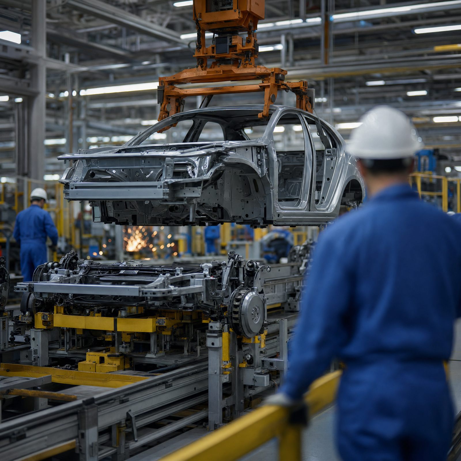 Línea de ensamble automotriz: chasis siendo posicionado por brazo robótico con operarios supervisando el proceso.