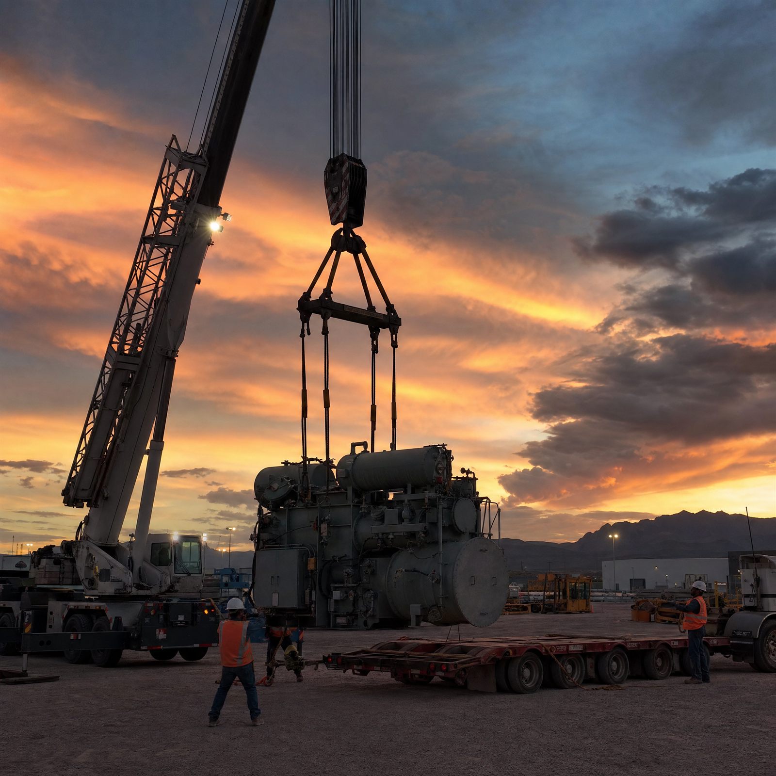 Grúa hidráulica al atardecer levantando una pieza industrial sobredimensionada hacia una plataforma de transporte.