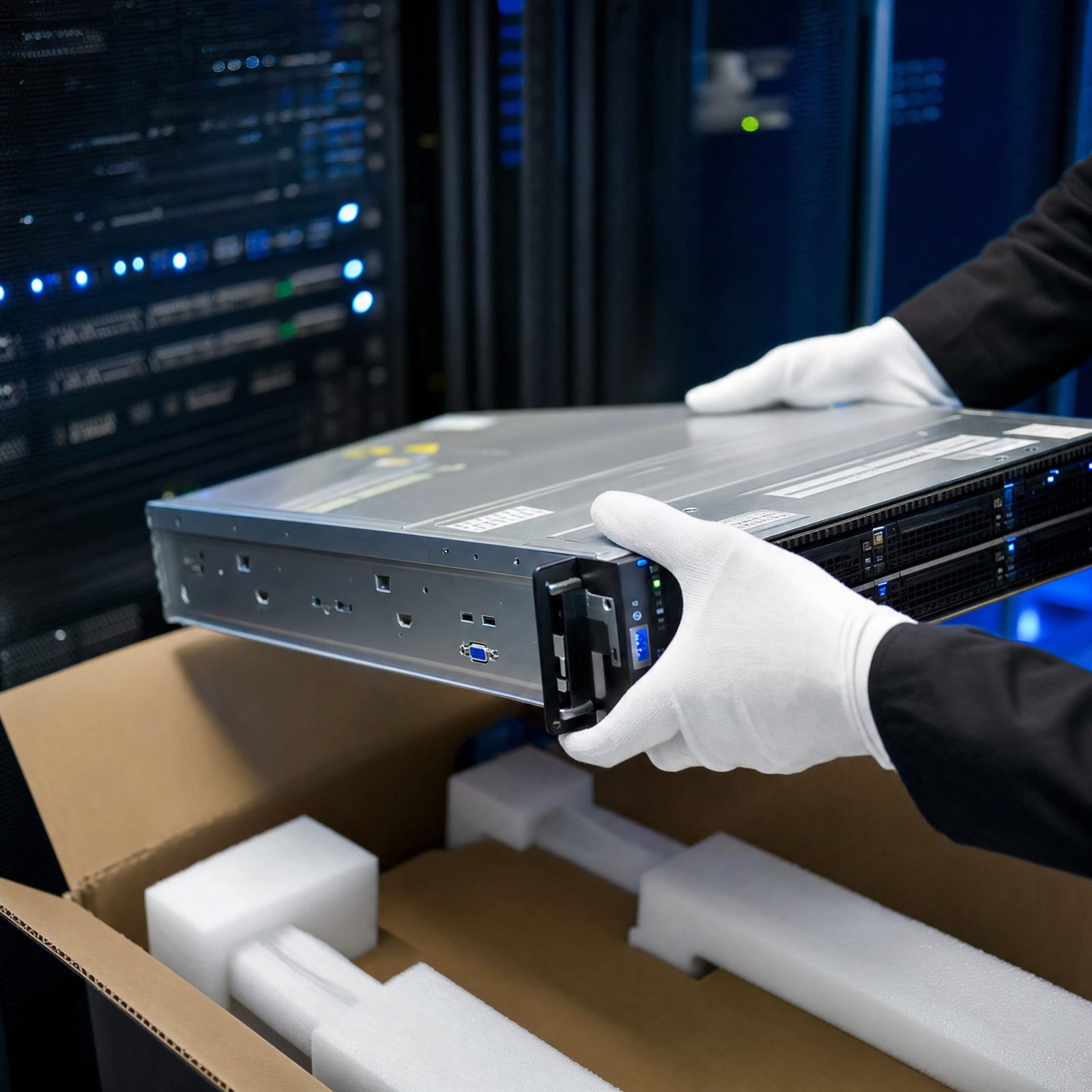 Manos enguantadas desempacando un servidor rackeable en un data center con LEDs azules de fondo.