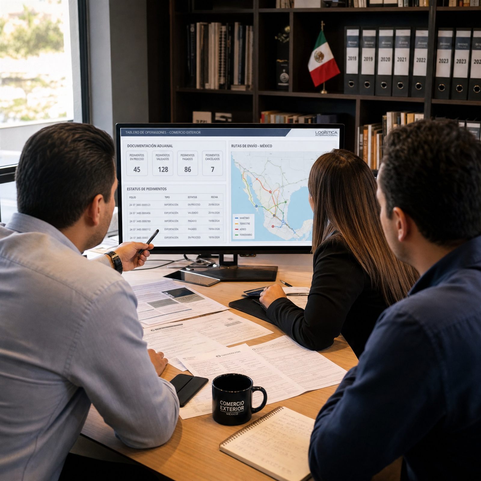 Equipo de EMA Trade revisando documentación aduanal y ruta de embarque en oficina de Querétaro.